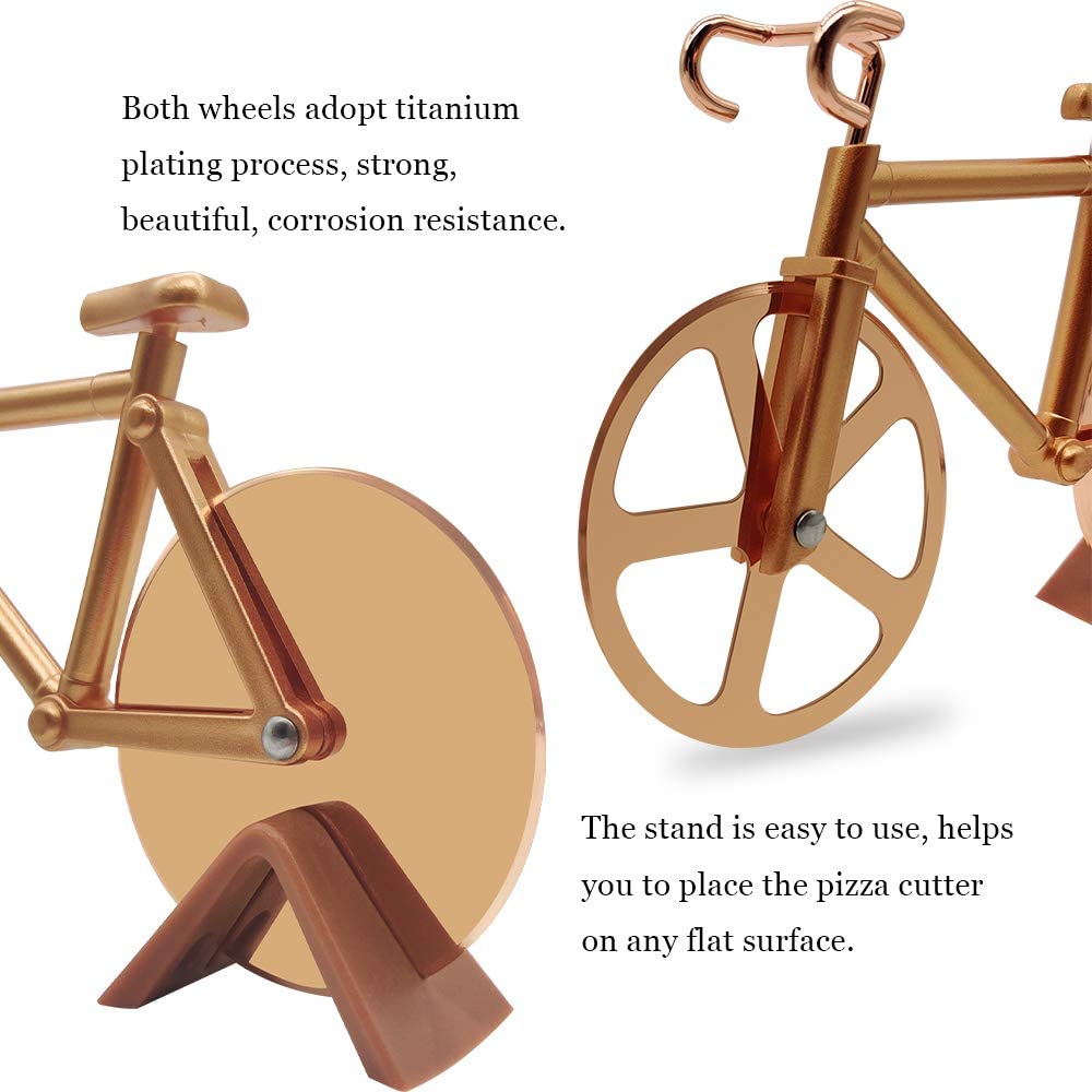 Bicycle Pizza Cutter - Stainless Steel Non-Stick Cutting Wheels - Display Stand - A very Cool Gift for Christmas by Leeseph