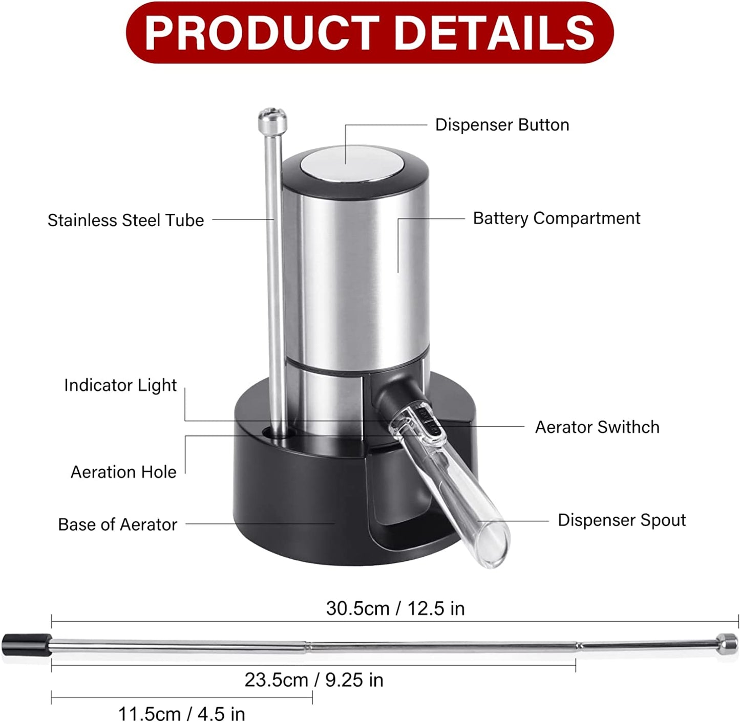 Electric Wine Aerator, Wine Pourer Automatic Dispenser Pump for One-Touch Instant Oxidation Smart Decanter Gift for Wine Lovers
