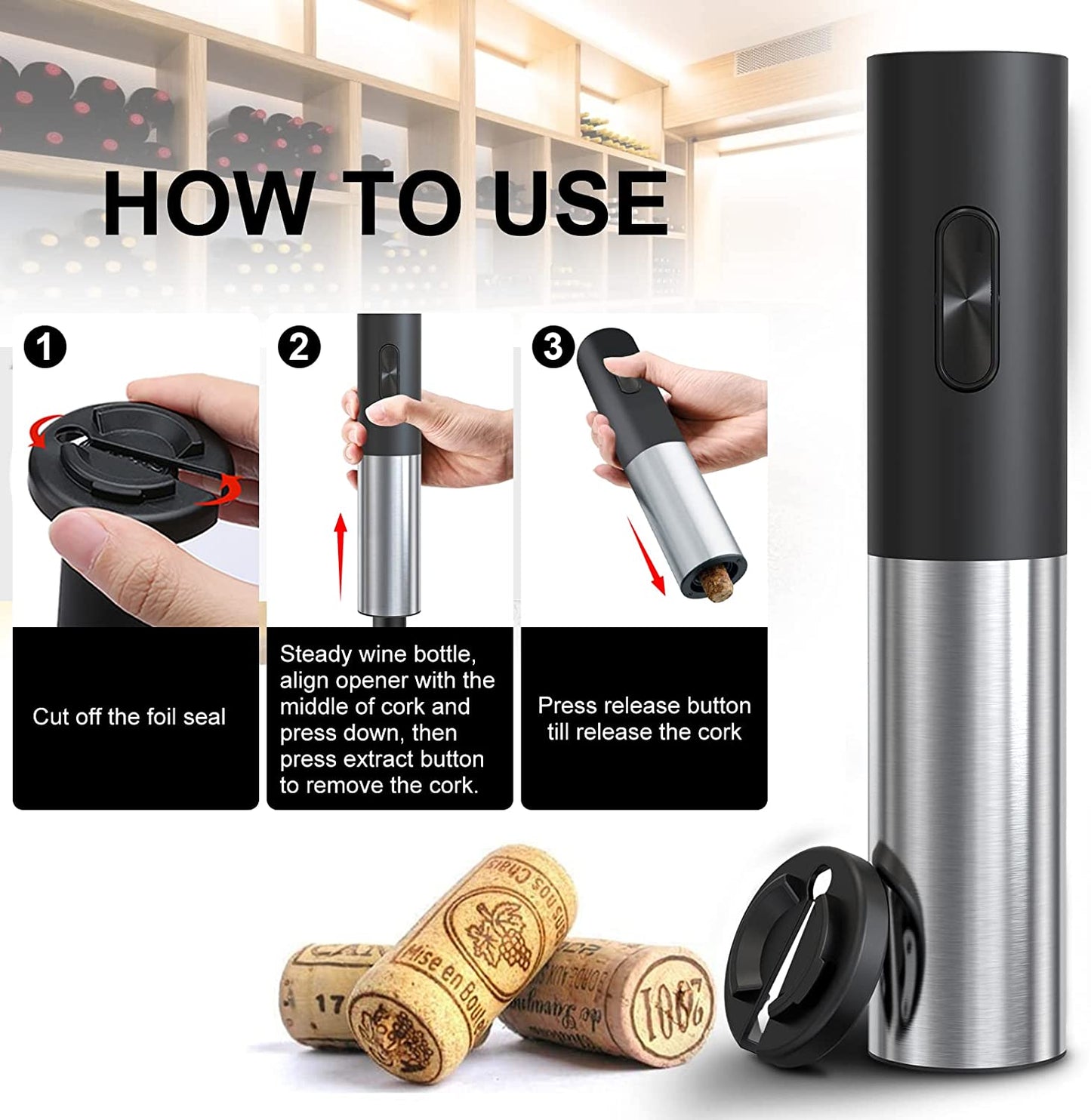 Electric Wine Opener, Battery Operated Wine Remover, Reusable Automatic Cordless Wine Bottle Opener Corkscrew for Wine Lover