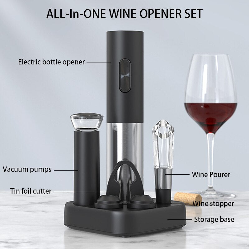 Electric Wine Opener Set, Includes Electric Wine Bottle Opener, Wine Pourer, Vacuum Wine Preserver, Foil Cutter & Base