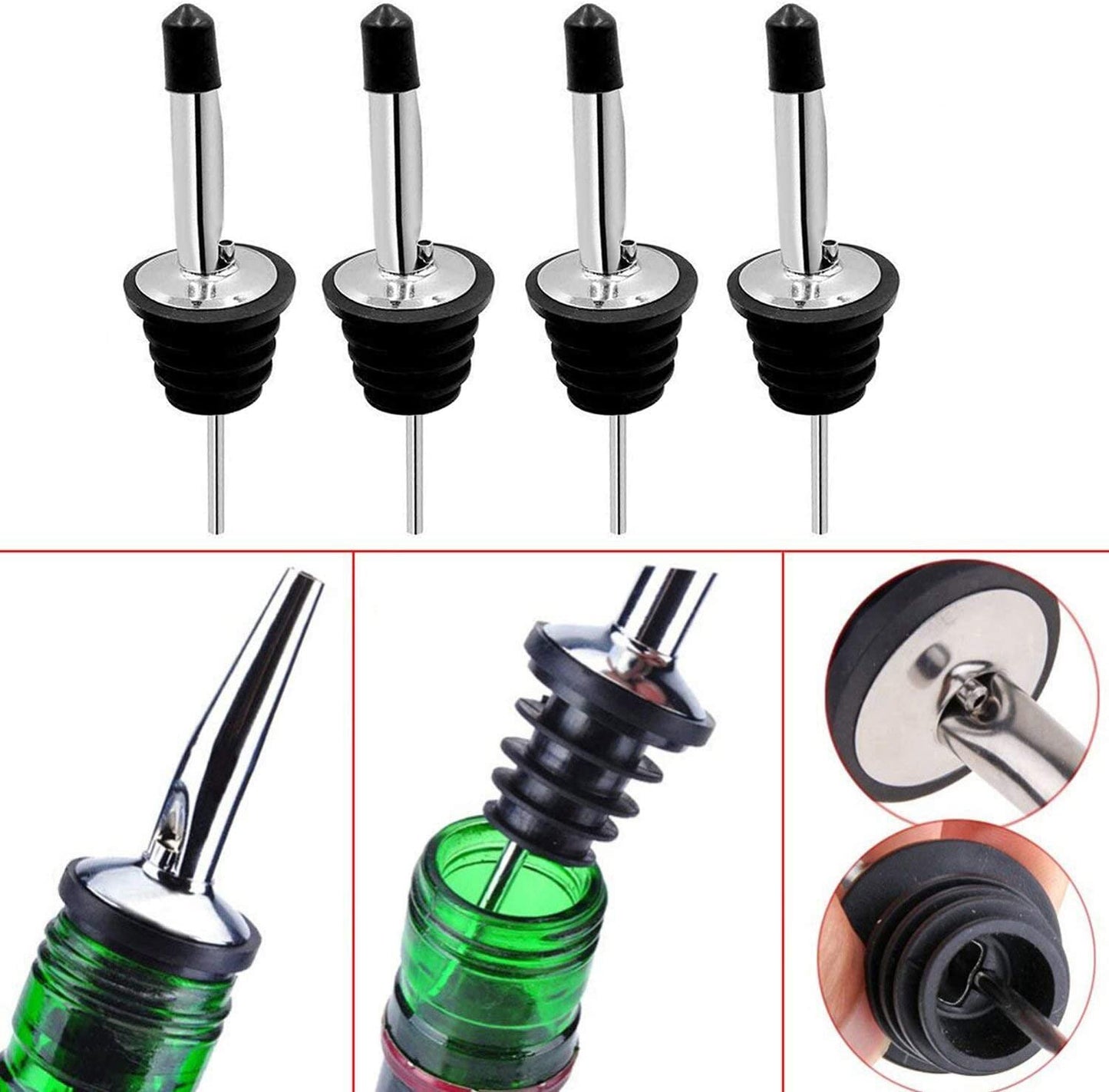 Liquor Pourers, Stainless Steel bottle spout and Liquor Pourers Dust Caps Covers for Wine Liquor Vinegar Olive Oil Bottles