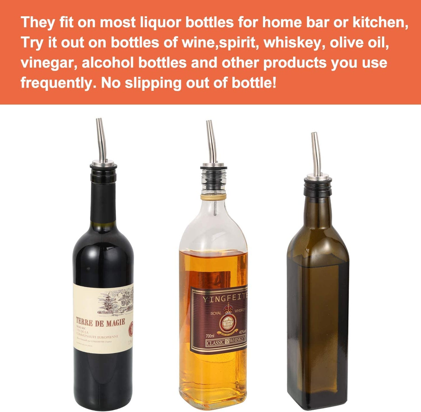 Liquor Pourers, Stainless Steel bottle spout and Liquor Pourers Dust Caps Covers for Wine Liquor Vinegar Olive Oil Bottles