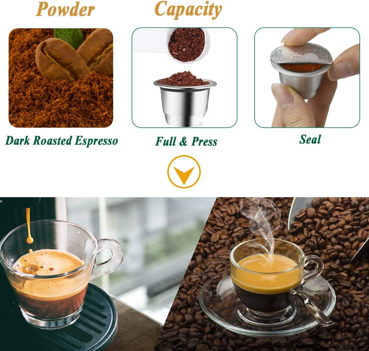 Reusable Espresso Capsules Refillable Coffee Pods, Stainless Steel Cups Filters Compatible for Nespresso Original Line Machines