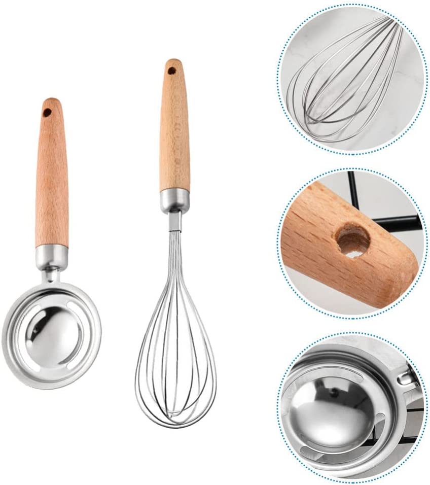 Stainless Steel Wooden Handle Whisk, Egg Mixer Egg Yolk Separator Wisk Kitchen Tool Egg Beater for Eggs and Egg Whites Blending