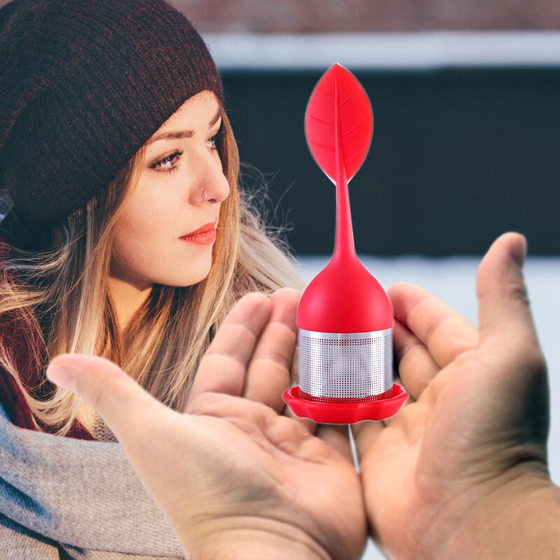 Tea Infuser - Stainless Steel Fine Mesh Tea Filter with BPA-Free Silicone Leaf Handle and Drip Tray for all Loose Leaf Tea