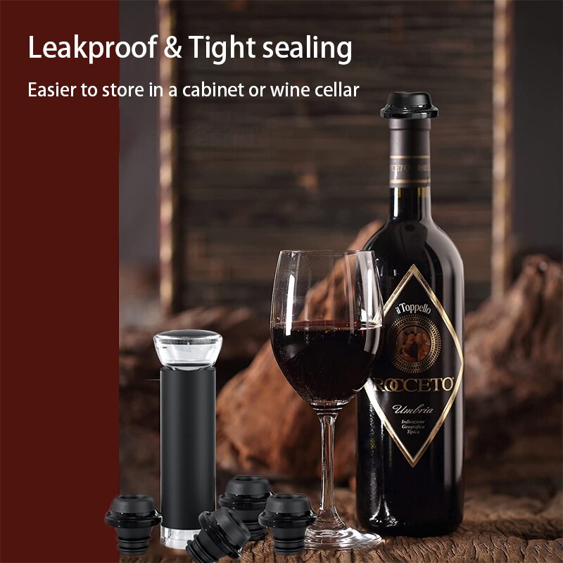 Vacuum Wine Bottle Stopper, Reusable Wine Vacuum Pump with 4 Food-grade Silicone Leakproof Wine Stoppers (Set)