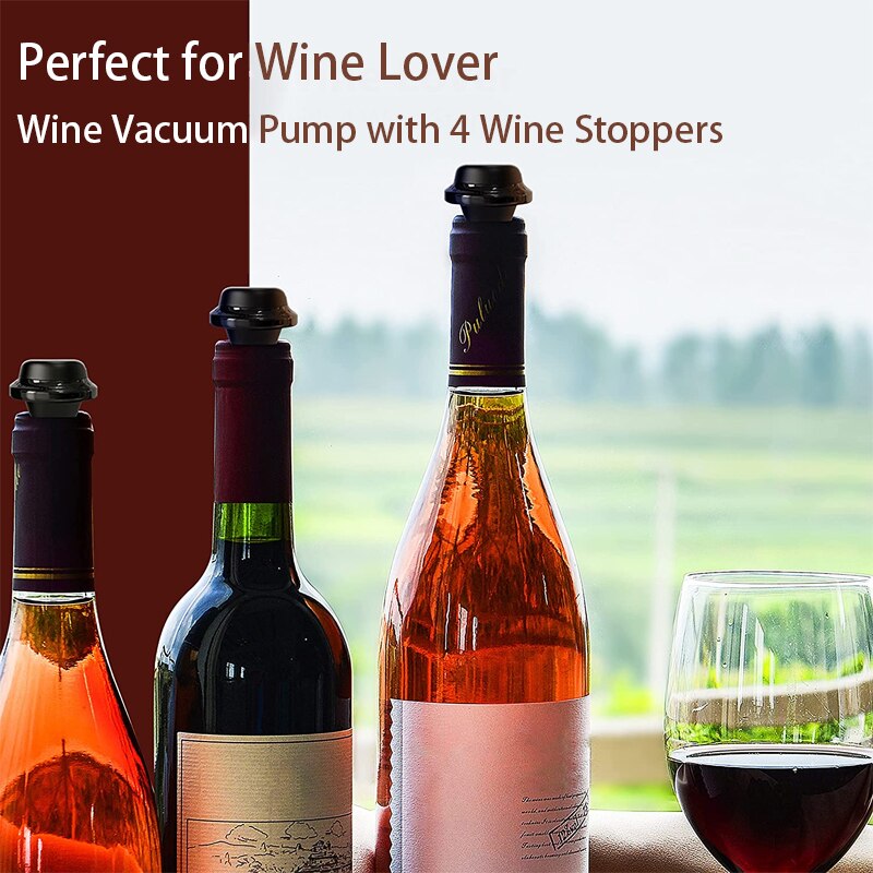 Vacuum Wine Bottle Stopper, Reusable Wine Vacuum Pump with 4 Food-grade Silicone Leakproof Wine Stoppers (Set)