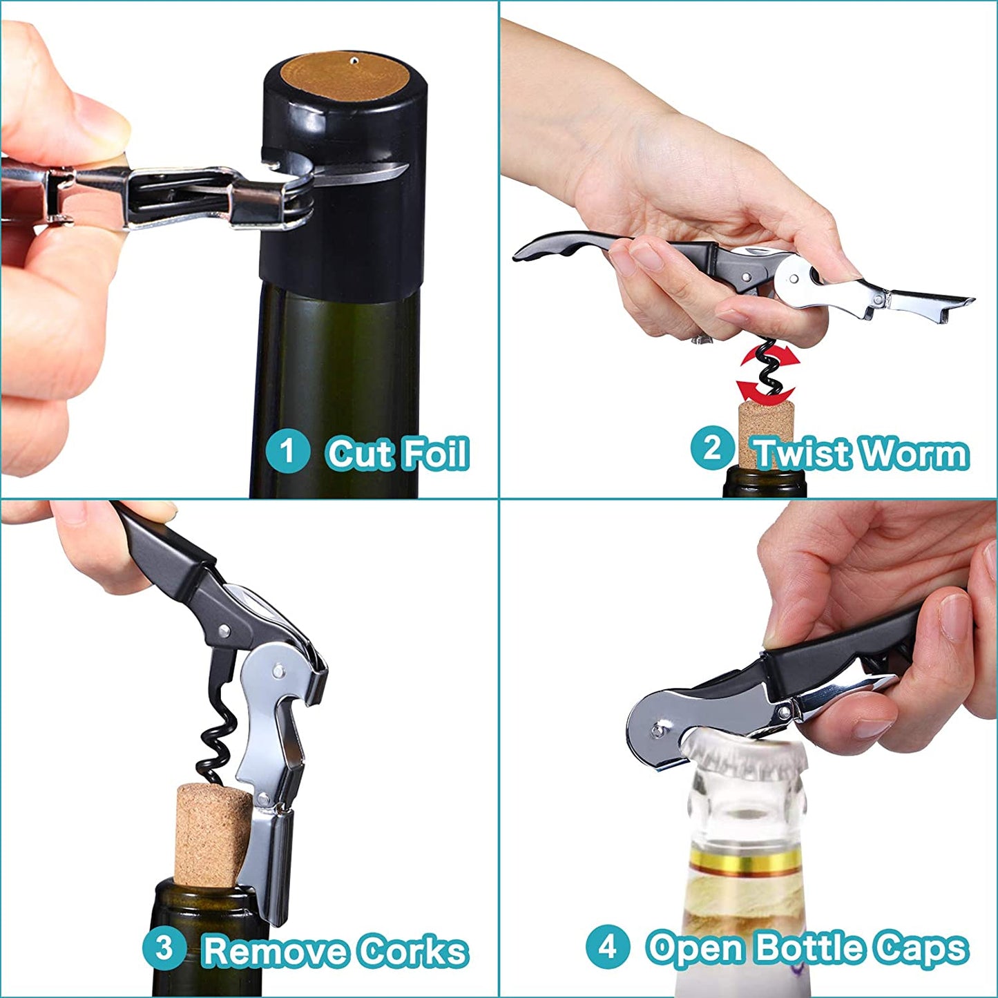 Waiter Corkscrew, Wine Opener with Foil Cutter, Multi-Functional All-in-1, Double Lever Bottle Opener for Bartenders and Gifts