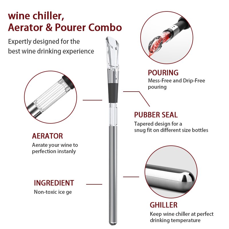 Wine Chiller, 3-in-1 Stainless Steel Wine Bottle Cooler Stick with Aerator and Pourer - Perfect Wine Accessories Gifts