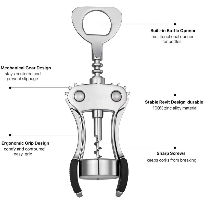 Zinc Alloy Wine Bottle Opener, Wing Corkscrew Wine Opener with Multifunctional Bottles Opener for Home Bar Party
