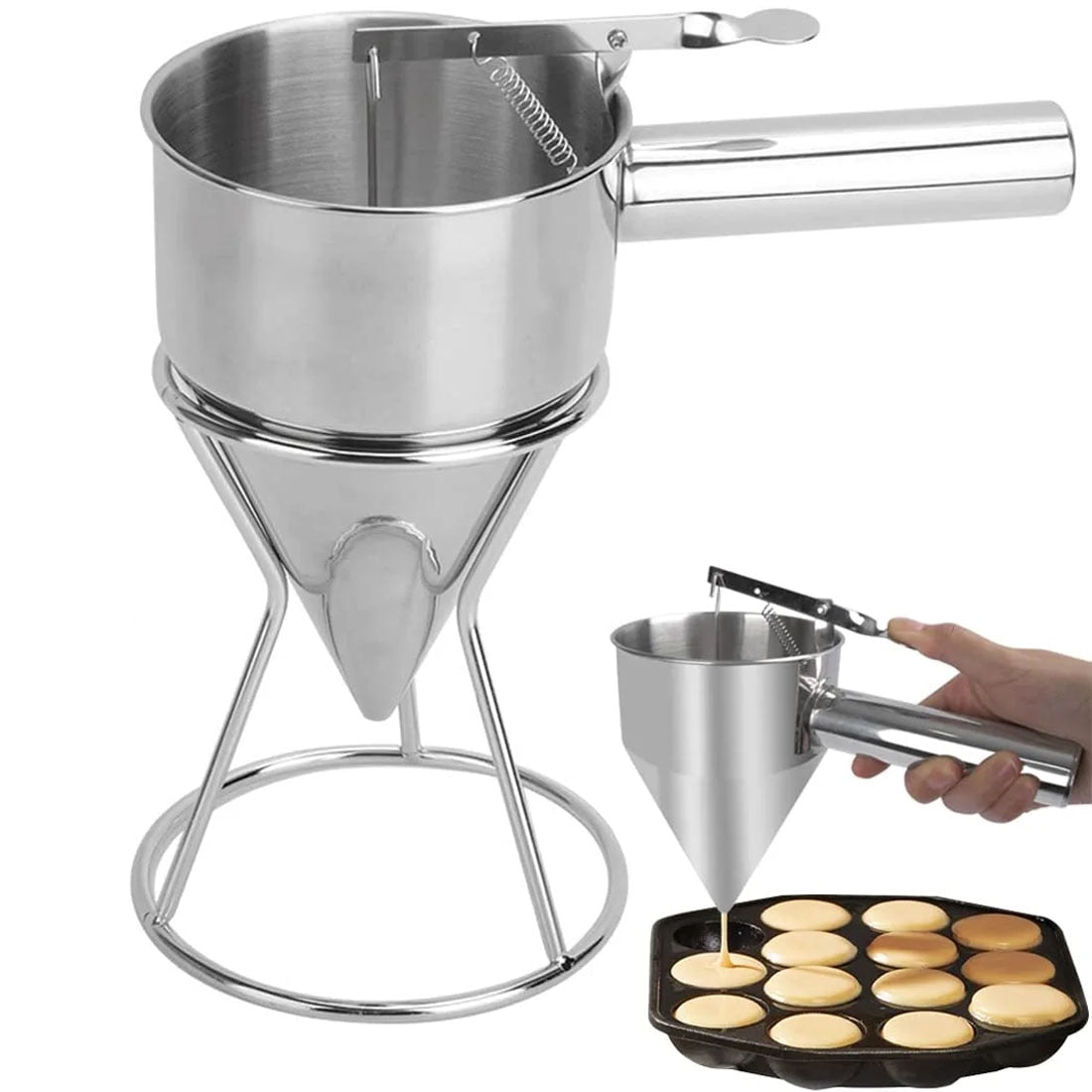 304 Stainless Steel Pancake Batter Dispenser Kitchen Big Funnel Spice Octopus Balls Tools with Rack Funnel Cooking with Handle