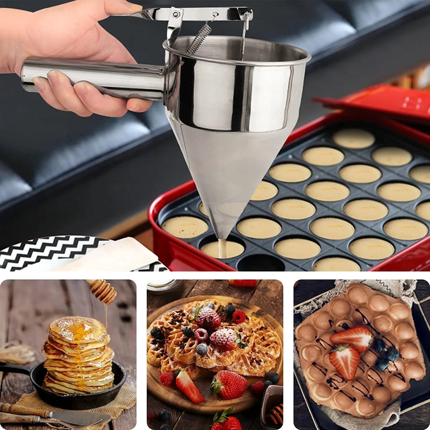 304 Stainless Steel Pancake Batter Dispenser Kitchen Big Funnel Spice Octopus Balls Tools with Rack Funnel Cooking with Handle