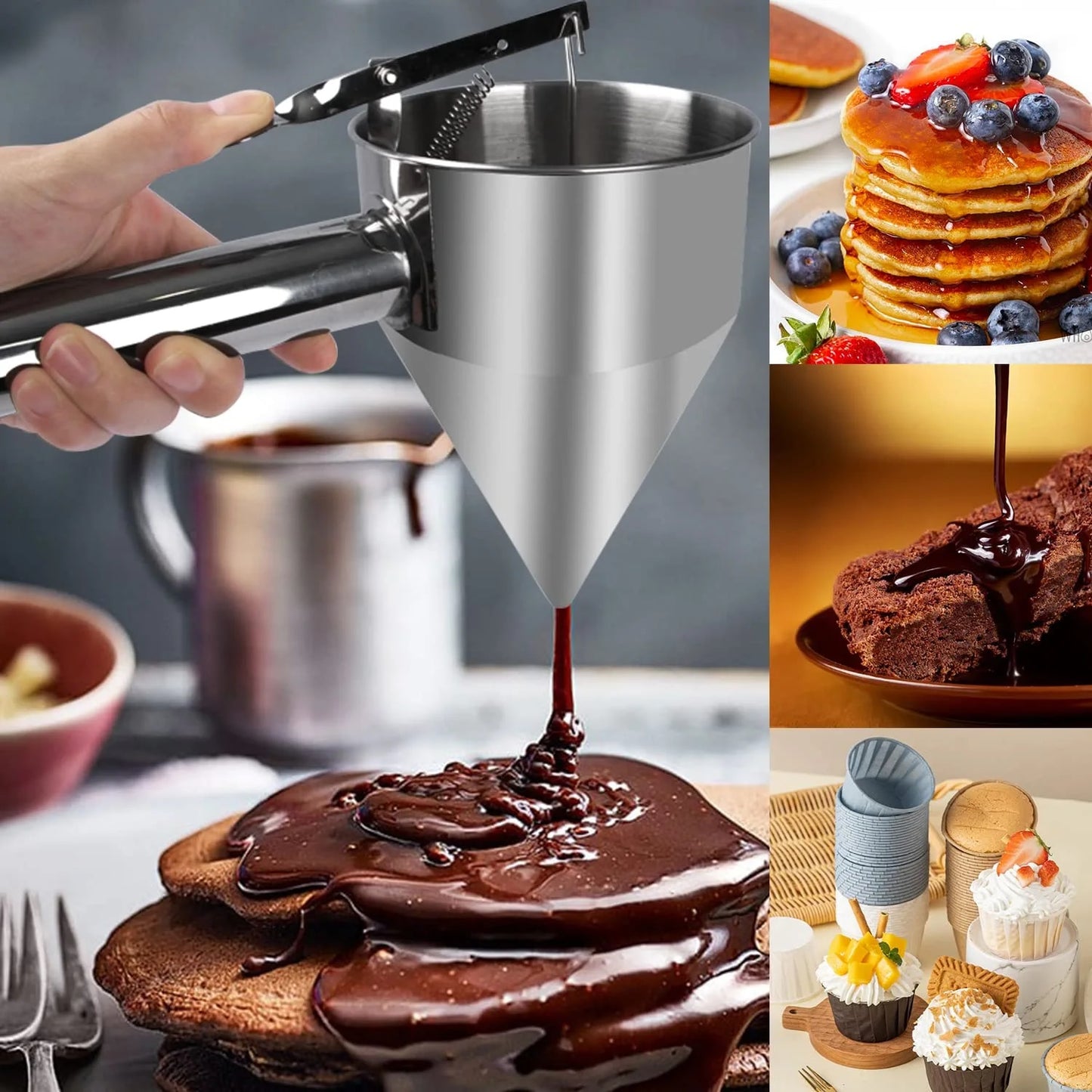 304 Stainless Steel Pancake Batter Dispenser Kitchen Big Funnel Spice Octopus Balls Tools with Rack Funnel Cooking with Handle