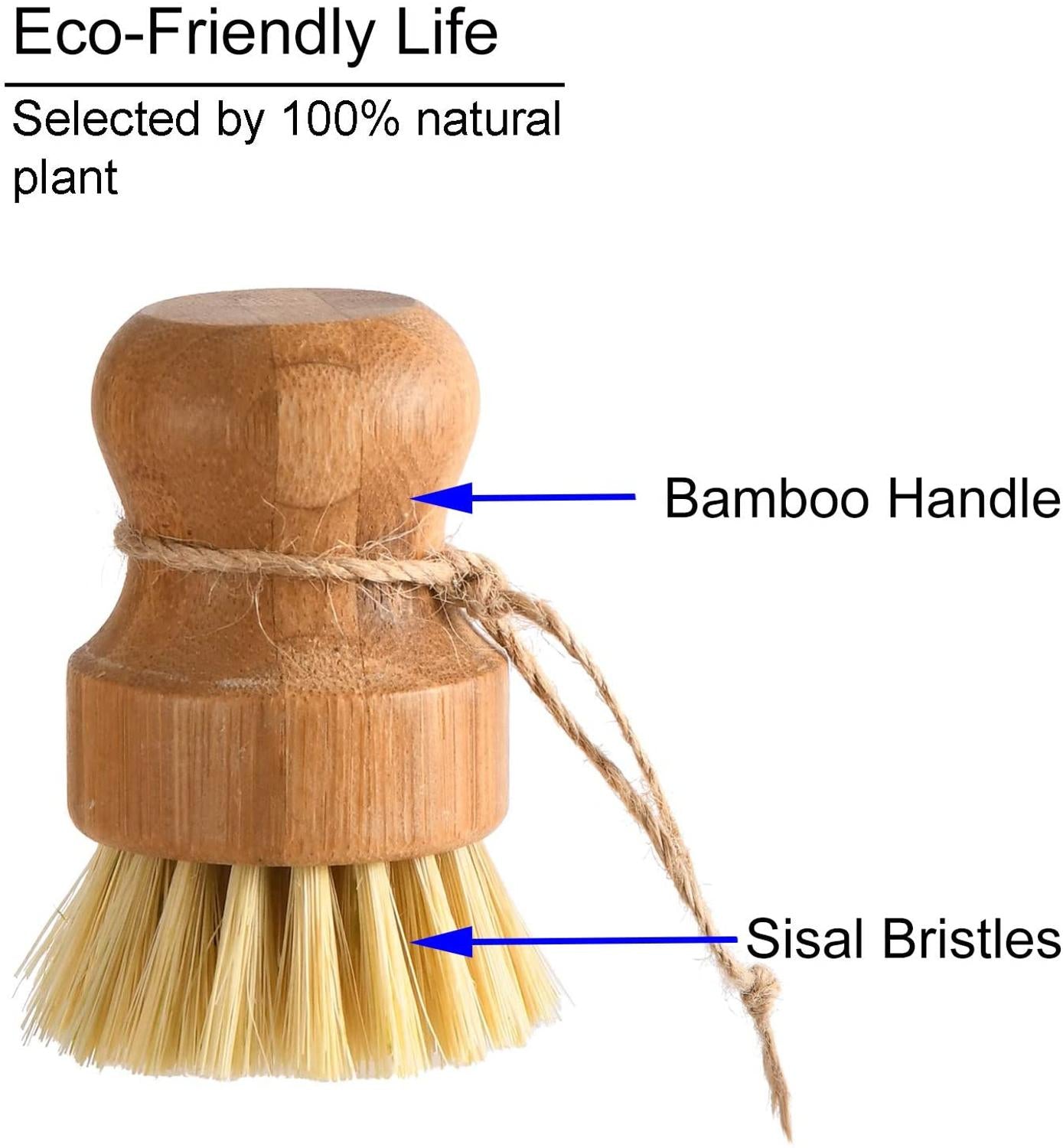 Bamboo Dish Scrub Brushes, Kitchen Wooden Cleaning Scrubbers for Washing Cast Iron Pan/Pot, Natural Sisal Bristles