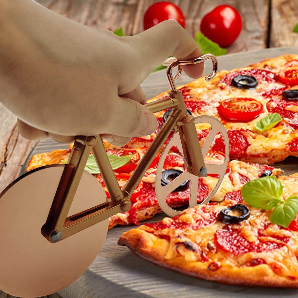 Bicycle Pizza Cutter - Stainless Steel Non-Stick Cutting Wheels - Display Stand - A very Cool Gift for Christmas  by Leeseph