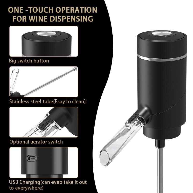 Electric Wine Aerator, Electric Wine Aerator Pourer, Automatic One-Touch Pump Wine Decanter and Dispenser USB Rechargeable