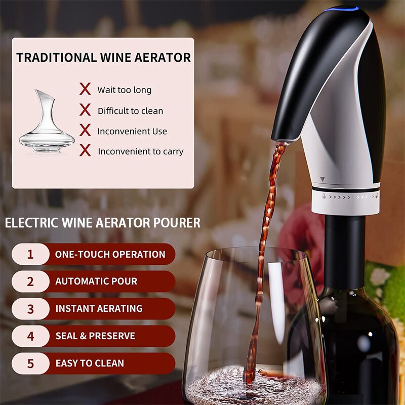 Electric Wine Aerator, Rechargeable Wine Dispenser Pump, Instant Wine Decanter, One-Touch Wine Oxidizer with Silicone Tube