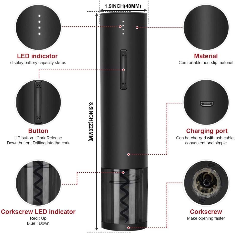 Electric Wine Opener, Automatic Corkscrew Rechargeable Cordless Wine Opener with Foil Cutter &amp; Charging Cable for Gifts