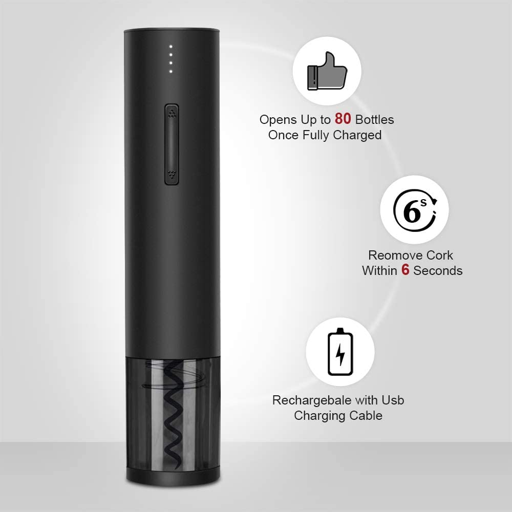 Electric Wine Opener, Automatic Corkscrew Rechargeable Cordless Wine Opener with Foil Cutter &amp; Charging Cable for Gifts