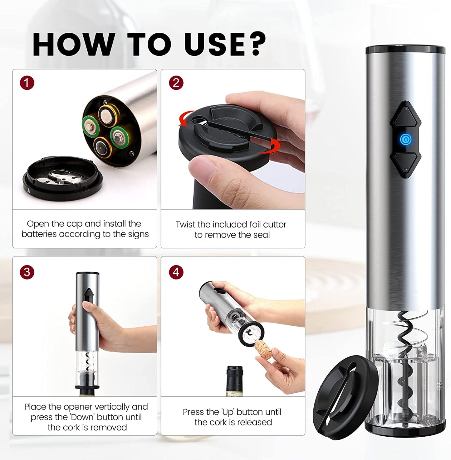 Electric Wine Opener, Battery Operated Corkscrew, Automatic Bottle Opener for Wine Lovers Gift Home Kitchen Party Bar Wedding