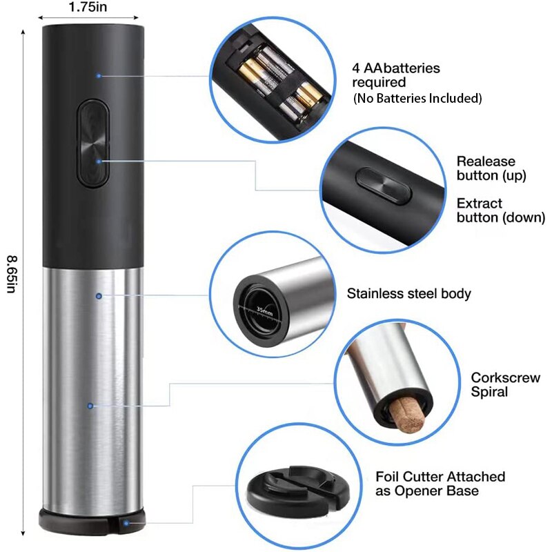Electric Wine Opener, Battery Operated Wine Remover, Reusable Automatic Cordless Wine Bottle Opener Corkscrew for Wine Lover