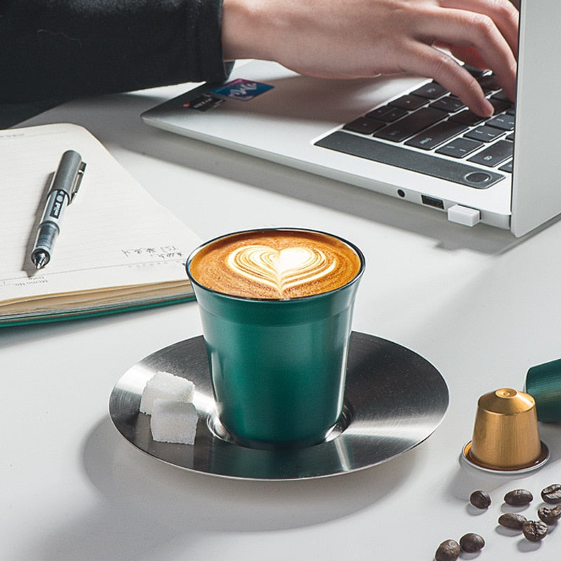 Espresso Cup, Double Stainless Steel Coffee Cups Mugs Powder Cups Coffee Capsule Cups for Home Kitchen Office