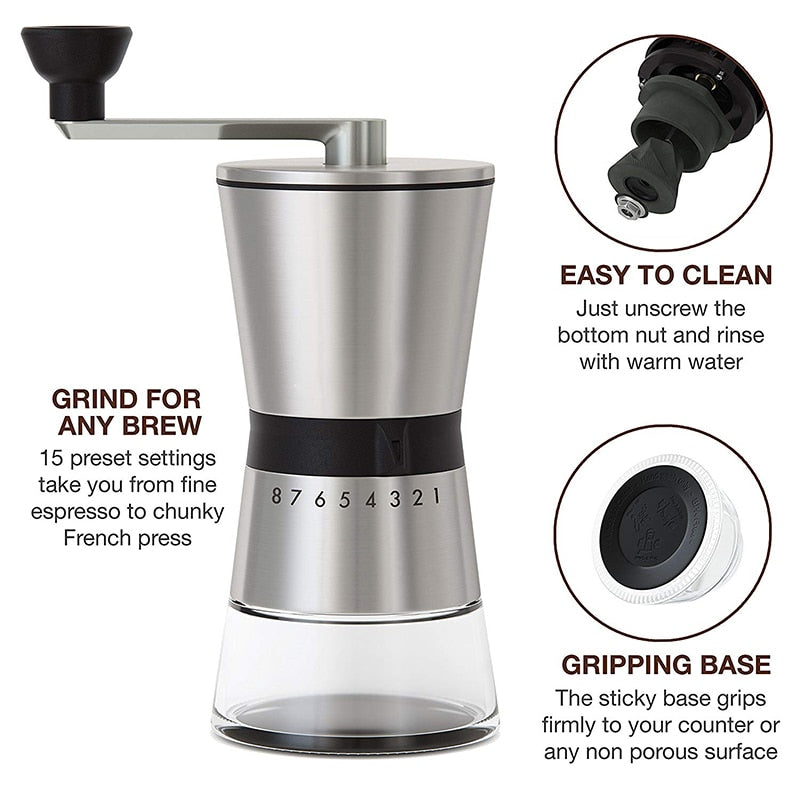 LEESEPH Precision Manual Coffee Grinders, 15 Adjustable Settings, Brushed 18/8 Stainless Steel