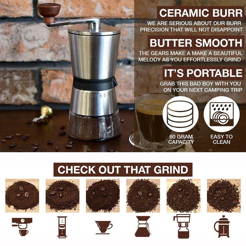 LEESEPH Precision Manual Coffee Grinders, 15 Adjustable Settings, Brushed 18/8 Stainless Steel