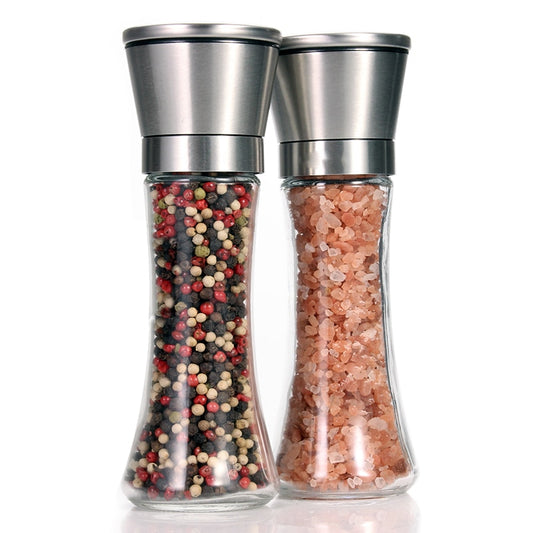 Leeseph 18/8 Brushed Stainless Steel Pepper Mill and Salt Mill, 6 Oz Glass Tall Body, 5 Grade Adjustable Ceramic Rotor