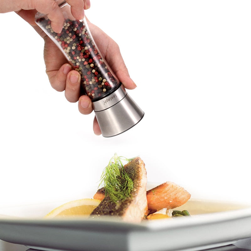 Leeseph 18/8 Brushed Stainless Steel Pepper Mill and Salt Mill, 6 Oz Glass Tall Body, 5 Grade Adjustable Ceramic Rotor