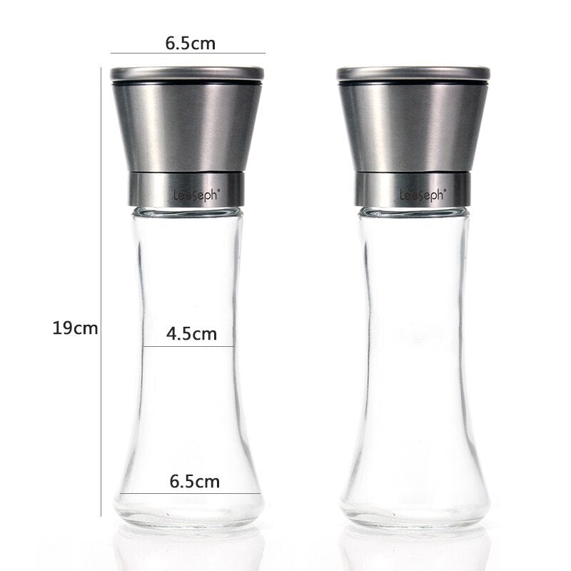 Leeseph 18/8 Brushed Stainless Steel Pepper Mill and Salt Mill, 6 Oz Glass Tall Body, 5 Grade Adjustable Ceramic Rotor