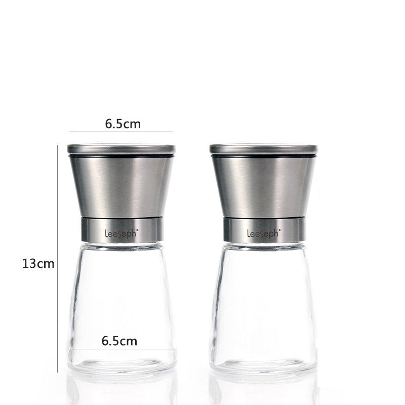 Leeseph 18/8 Brushed Stainless Steel Pepper Mill and Salt Mill, 6 Oz Glass Tall Body, 5 Grade Adjustable Ceramic Rotor