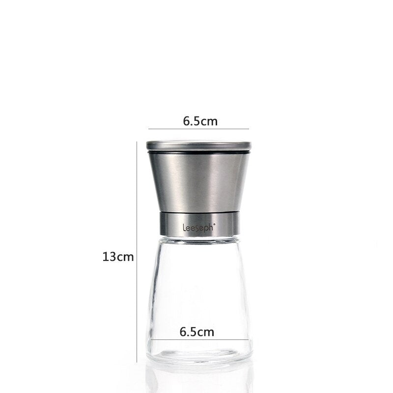 Leeseph 18/8 Brushed Stainless Steel Pepper Mill and Salt Mill, 6 Oz Glass Tall Body, 5 Grade Adjustable Ceramic Rotor