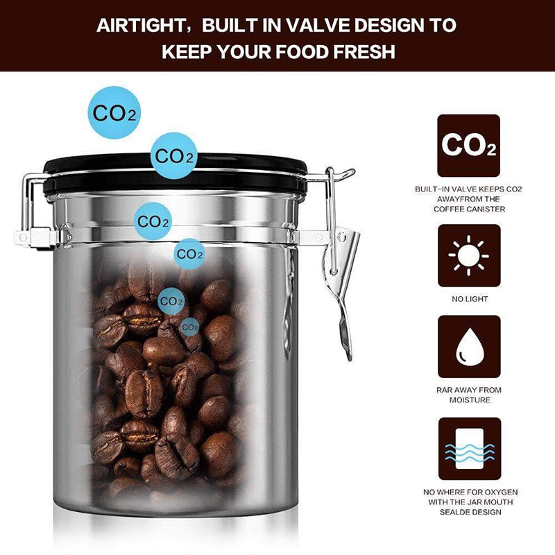 Leeseph Airtight Coffee Container - Stainless Steel CO2 Valve Storage Canister with Scoop - Keeps Your Coffee Fresh Flavorful