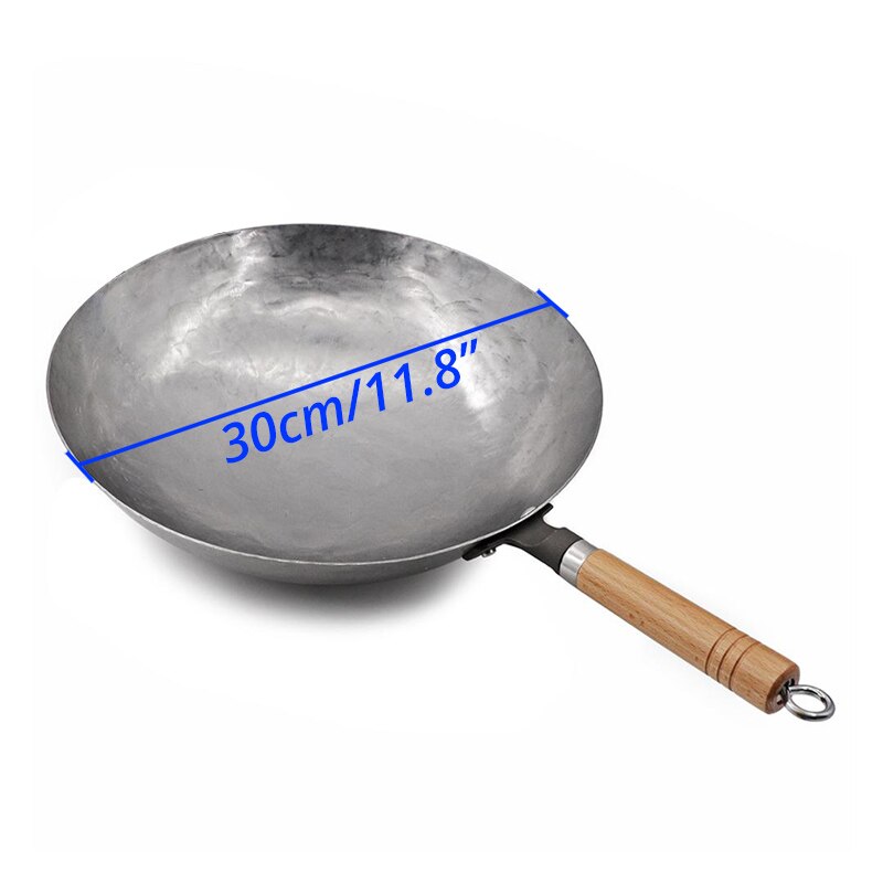 Leeseph Traditional Hand Hammered Carbon Steel Pow Wok with Wooden and Steel Helper Handle, Round Bottom