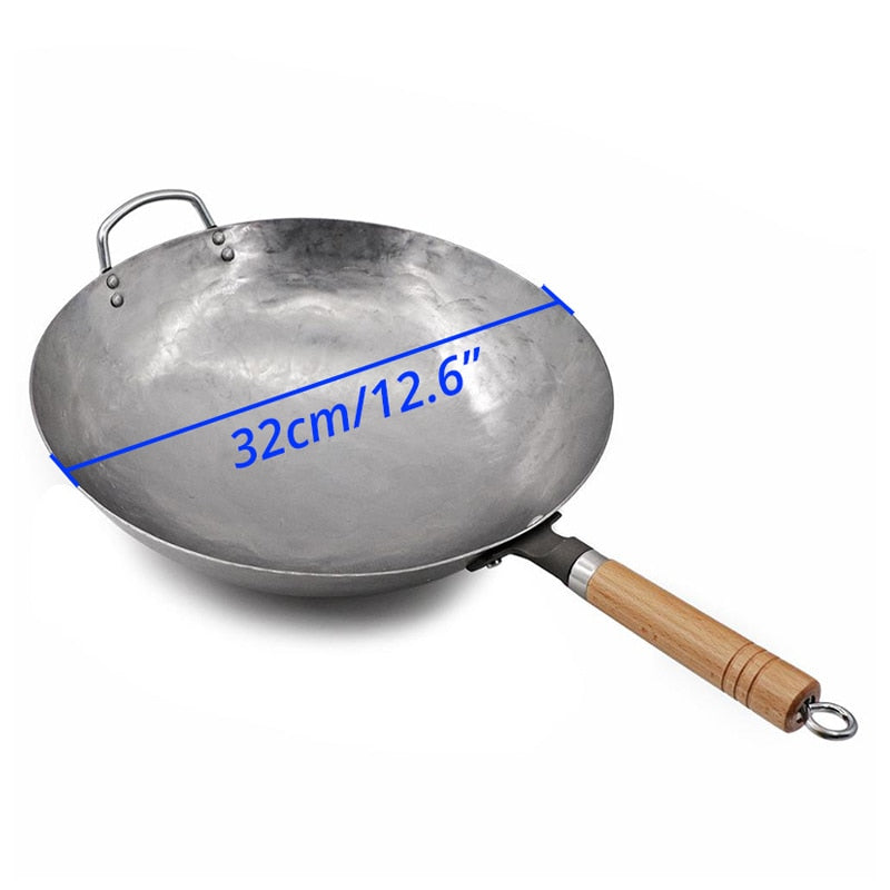 Leeseph Traditional Hand Hammered Carbon Steel Pow Wok with Wooden and Steel Helper Handle, Round Bottom