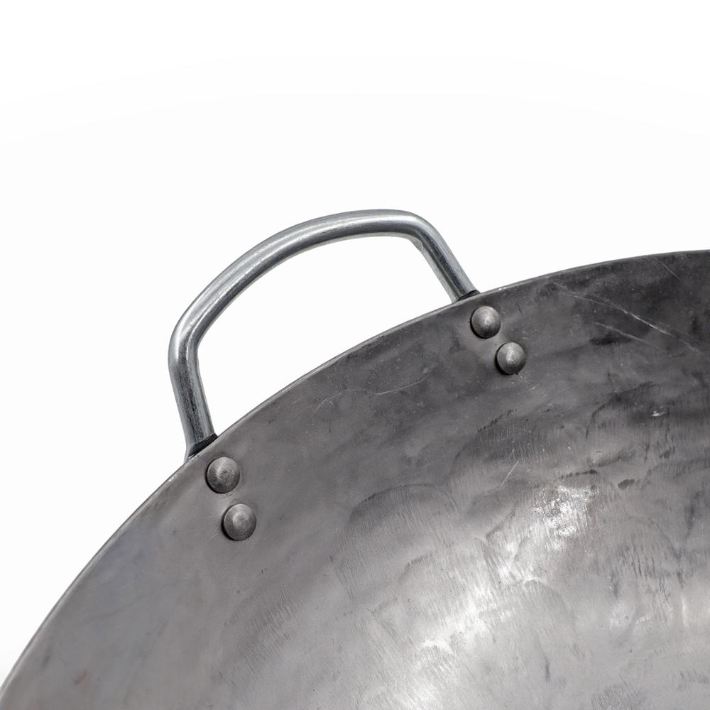 Leeseph Traditional Hand Hammered Carbon Steel Pow Wok with Wooden and Steel Helper Handle, Round Bottom