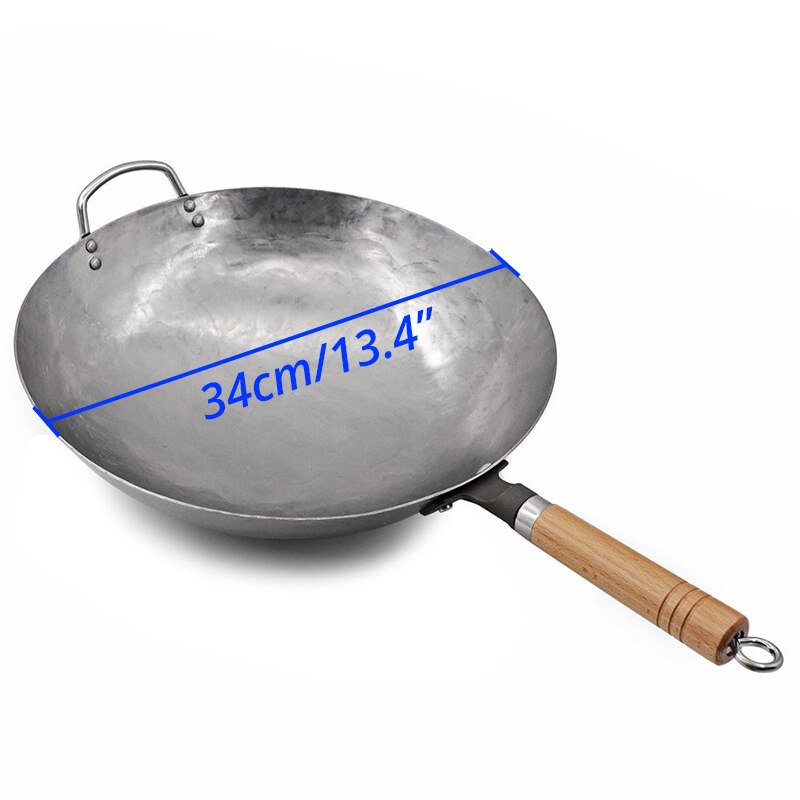 Leeseph Traditional Hand Hammered Carbon Steel Pow Wok with Wooden and Steel Helper Handle, Round Bottom