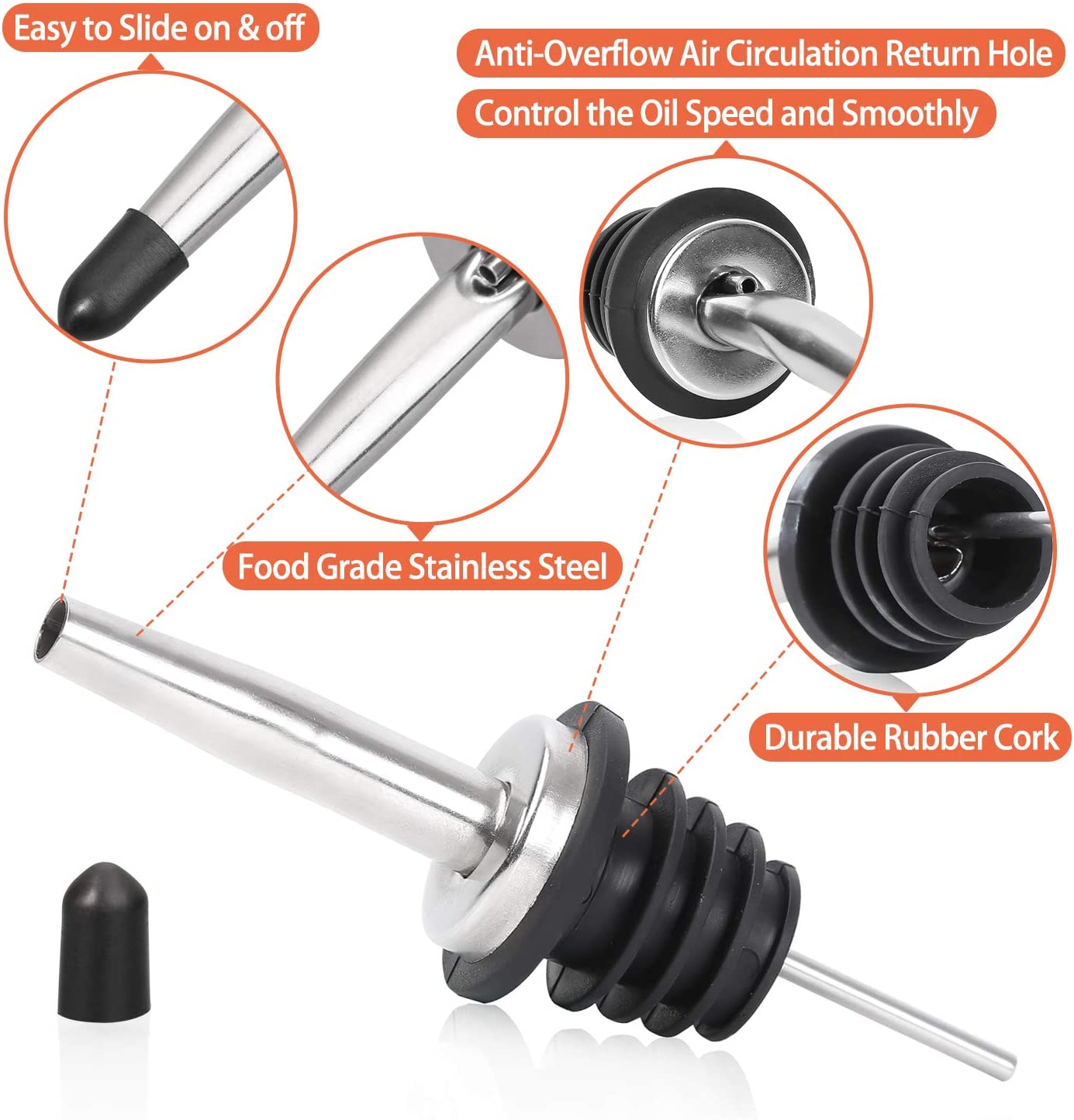 Liquor Pourers, Stainless Steel bottle spout and Liquor Pourers Dust Caps Covers for Wine Liquor Vinegar Olive Oil Bottles