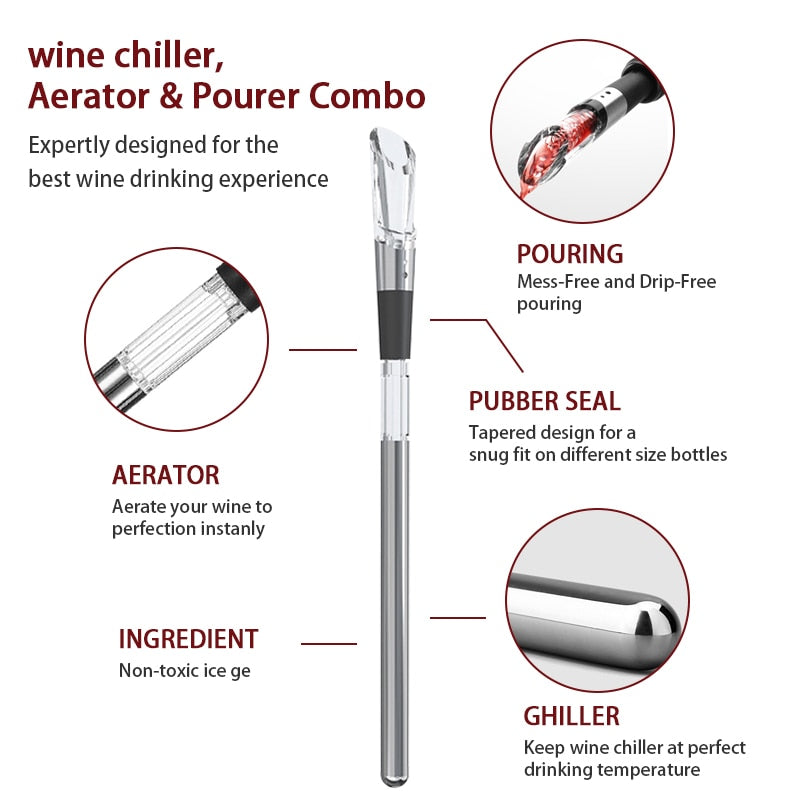 Wine Chiller, 3-in-1 Stainless Steel Wine Bottle Cooler Stick with Aerator and Pourer - Perfect Wine Accessories Gifts