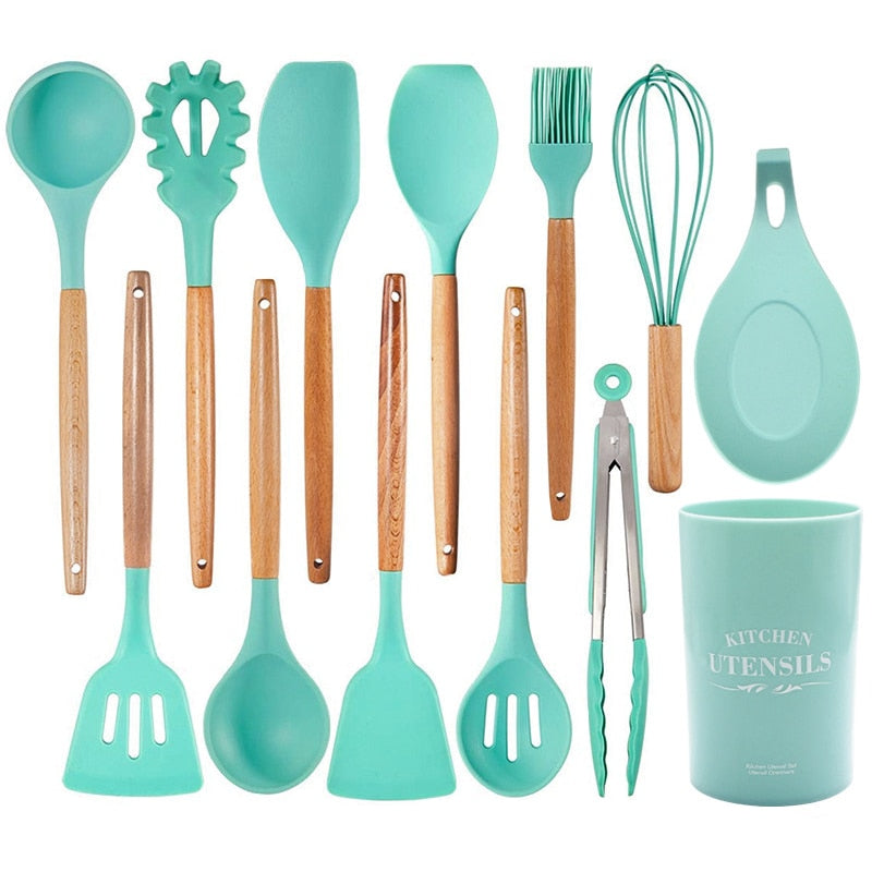 Silicone Kitchen Utensils 1pc, Kitchen Cooking Utensils with Holder, Wooden Handle Silicone Utensils Set, Heat Resistant