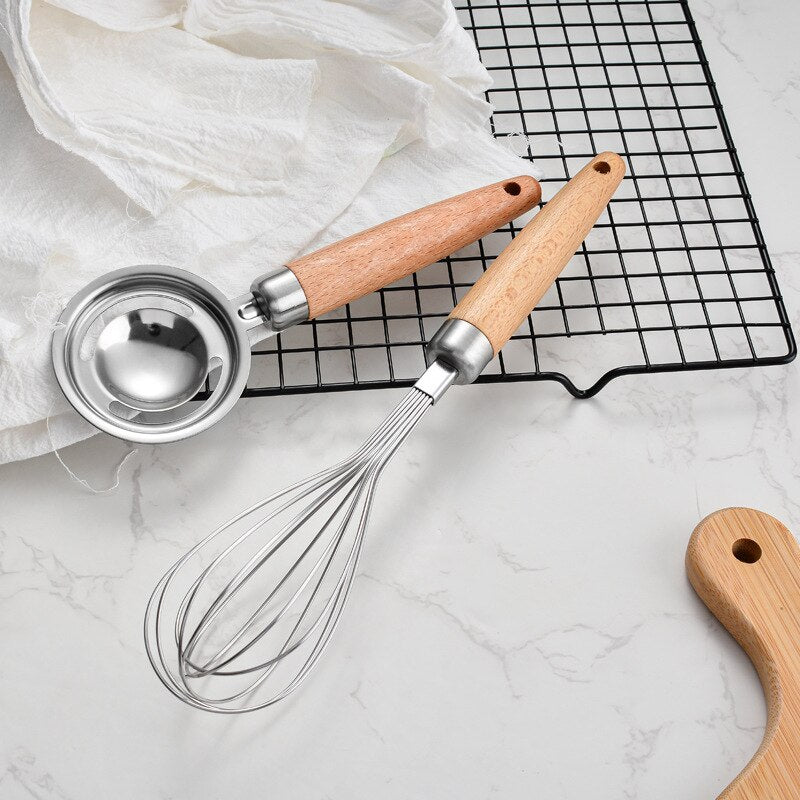 Stainless Steel Wooden Handle Whisk, Egg Mixer Egg Yolk Separator Wisk Kitchen Tool Egg Beater for Eggs and Egg Whites Blending