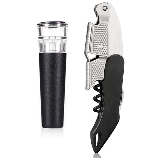 Waiters Corkscrew and Wine Stopper, Wine Key with Foil Cutter Reusable Vacuum Wine Stopper for Bartenders and Gifts
