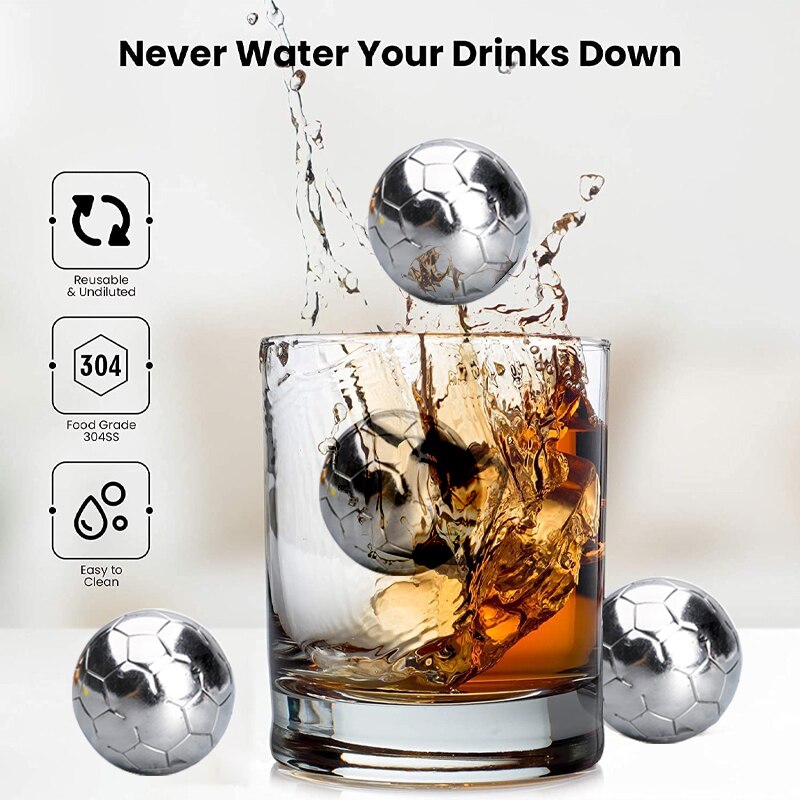 Whiskey Stones, Soccer Whiskey Balls Stainless Steel Ice Ball Reusable Chilling Stones for Beer Liquor Juice Drinks Vodka