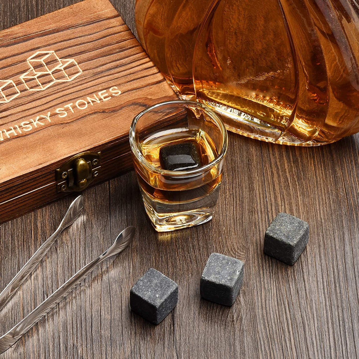 Whiskey Stones, Whiskey Stone Gift Set, Grey Drink Cooling Stones, Pure Soapstone Whiskey Stones for Men Dad Husband Boyfriend