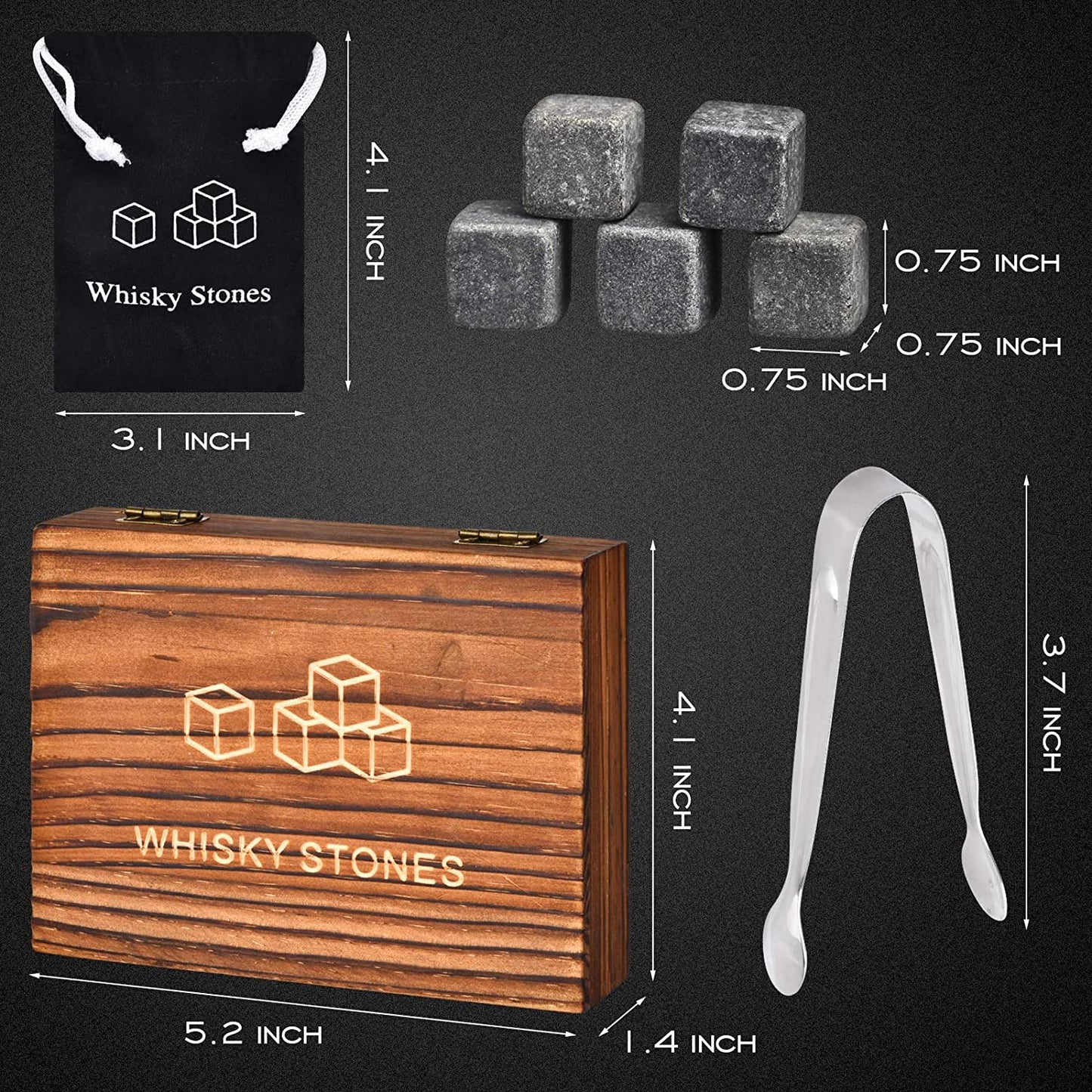 Whiskey Stones, Whiskey Stone Gift Set, Grey Drink Cooling Stones, Pure Soapstone Whiskey Stones for Men Dad Husband Boyfriend