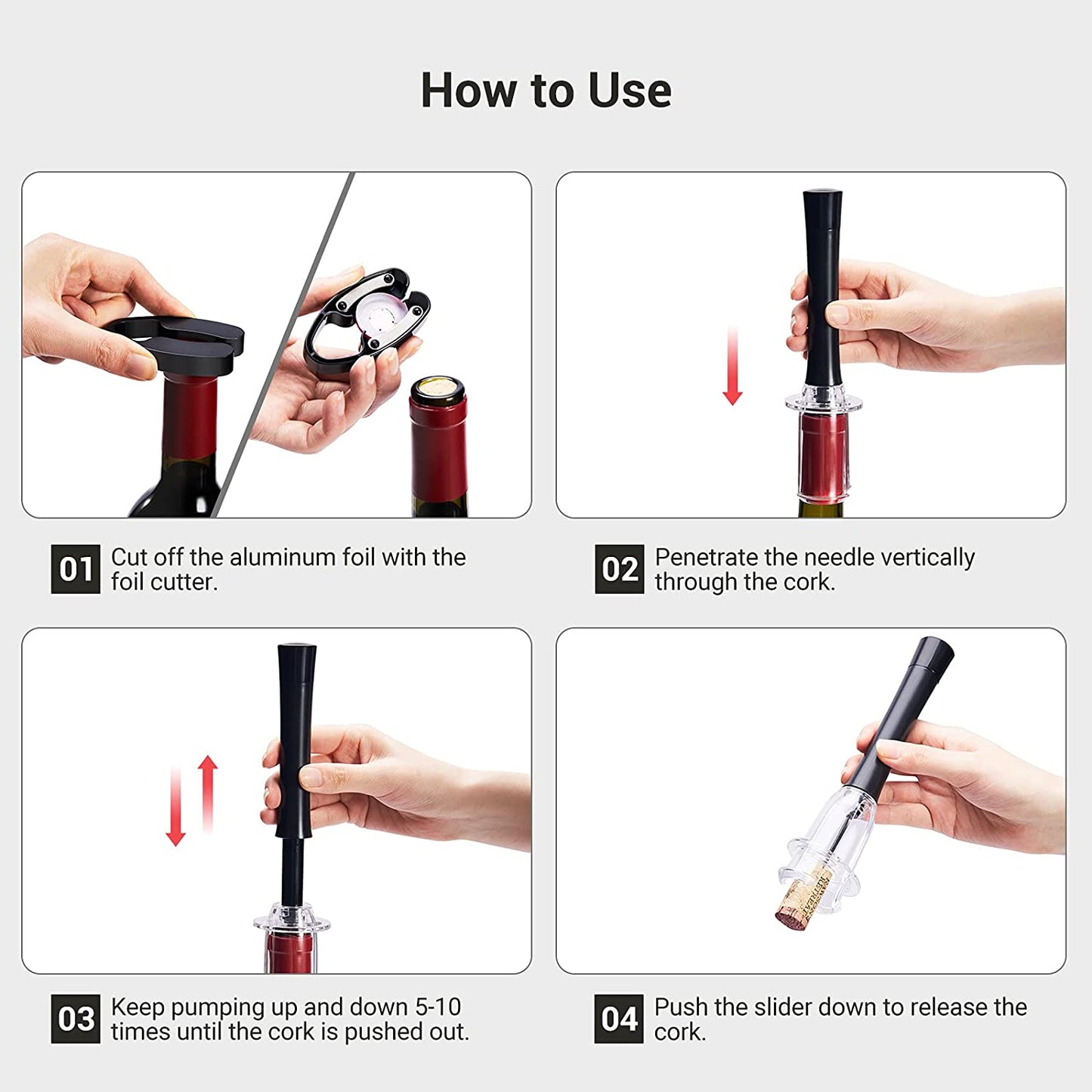 Wine Bottle Opener, Air Pressure Pump Corkscrew with Foil Cutter, Aerator Pourer and Vacuum Stopper for Party 4-in-1 Gift Set