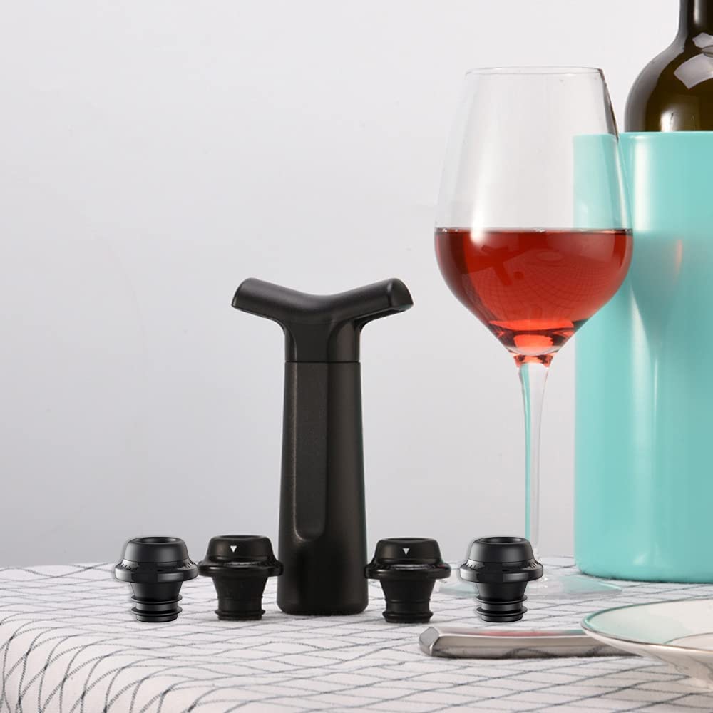 Wine Saver Vacuum Pump with 4 Wine Stoppers, Leakproof Wine Bottle Stoppers Reusable Silicone Wine Preserver for Home Party Gift