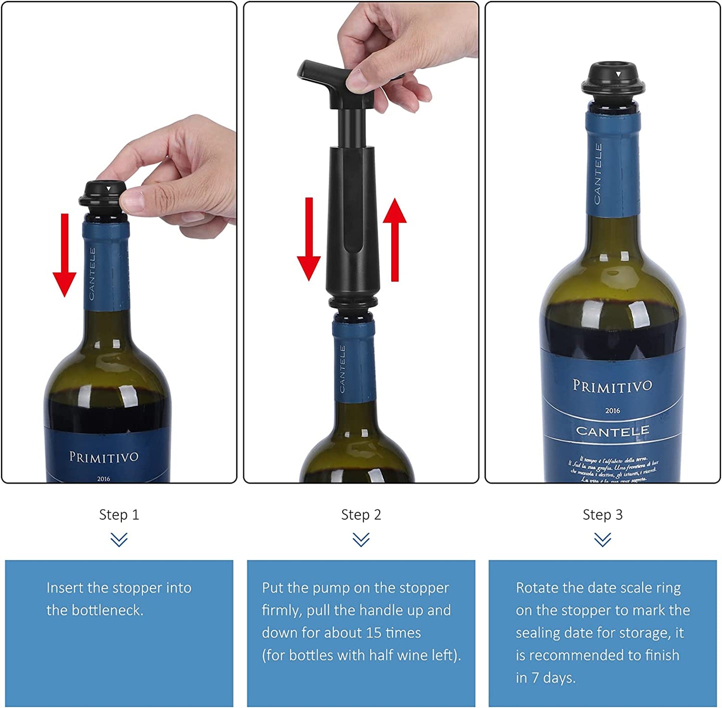 Wine Saver Vacuum Pump with 4 Wine Stoppers, Leakproof Wine Bottle Stoppers Reusable Silicone Wine Preserver for Home Party Gift