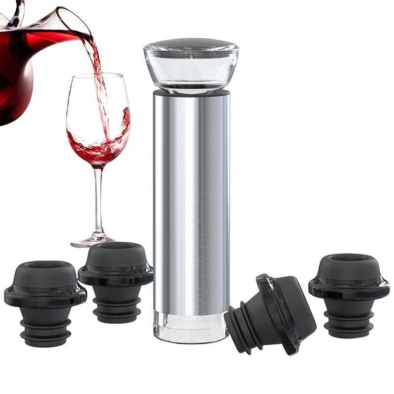 Wine Stopper, Wine Saver Pump, Reusable Stainless Steel Wine Saver Pump and 4 x Reusable Wine Stoppers for Wine Bottles